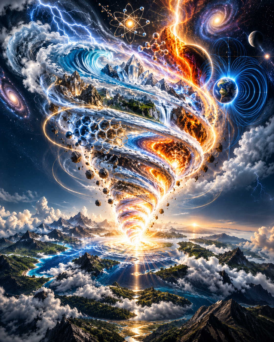 A luminous vortex joining landscapes, atoms, storms, and galaxies