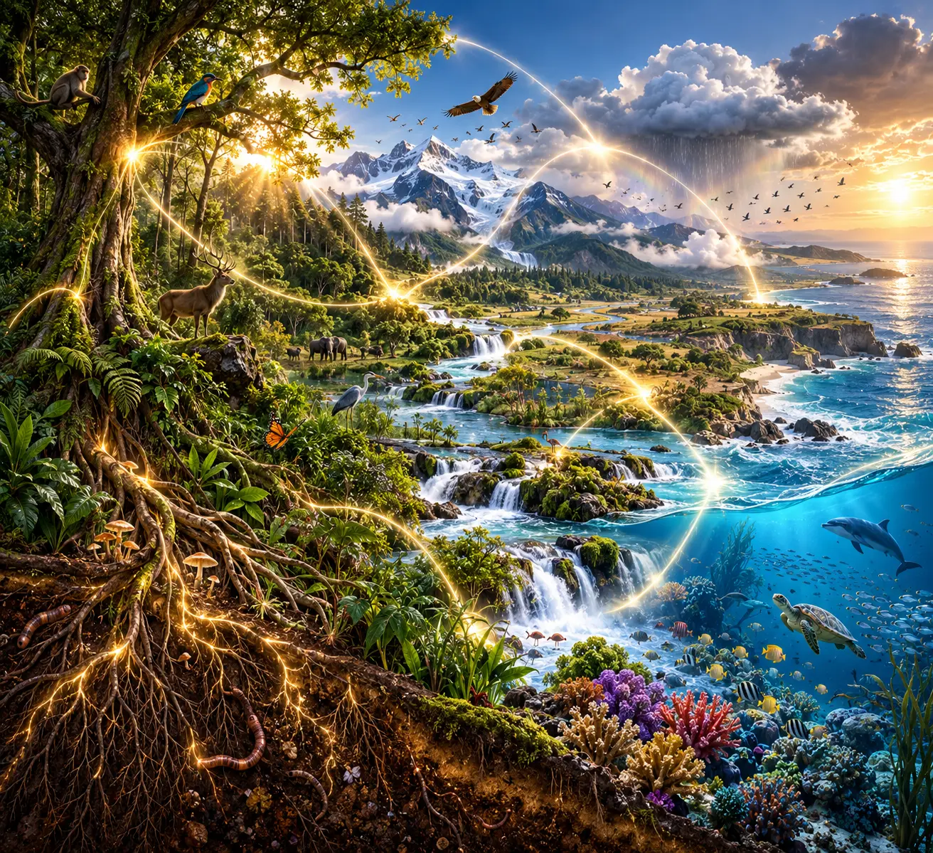 A connected landscape spanning forest, mountains, rivers, coast, and reef