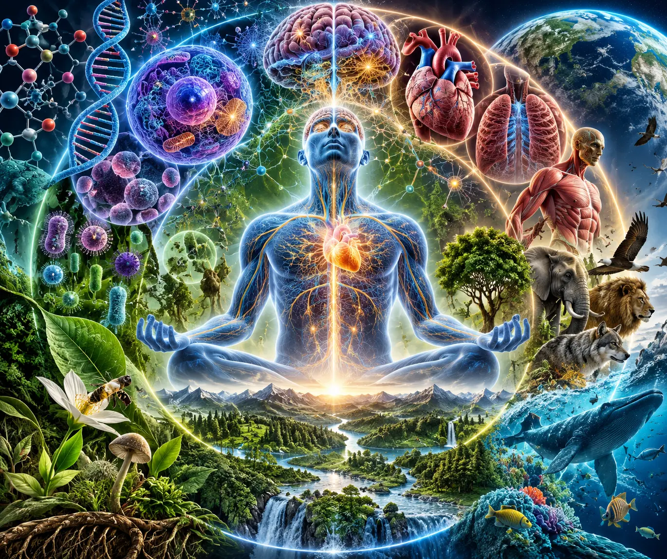 A meditating human surrounded by anatomy, ecosystems, DNA, and wildlife